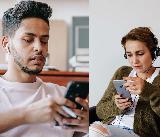 A man and a woman are chatting with each other on a smartphone.